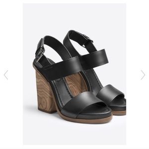 Black leather sandals with block wood heels